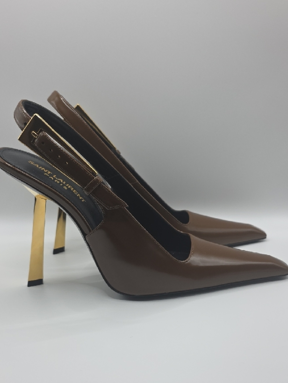 Saint Laurent Brown Patent Leather Slingback Heels with Gold Accent - Picture 4 of 16